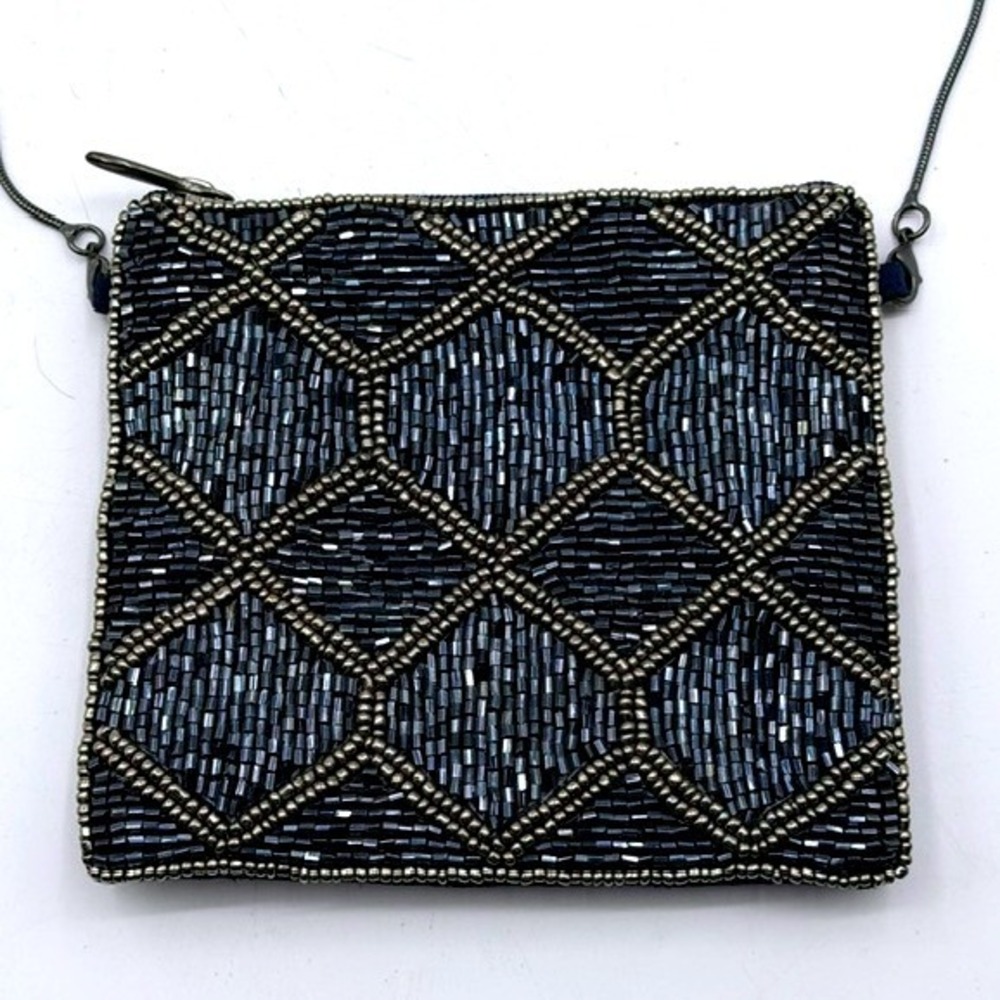 David Jeffery Navy Blue Beaded Geometric Diamond Evening Bag shoulder purse